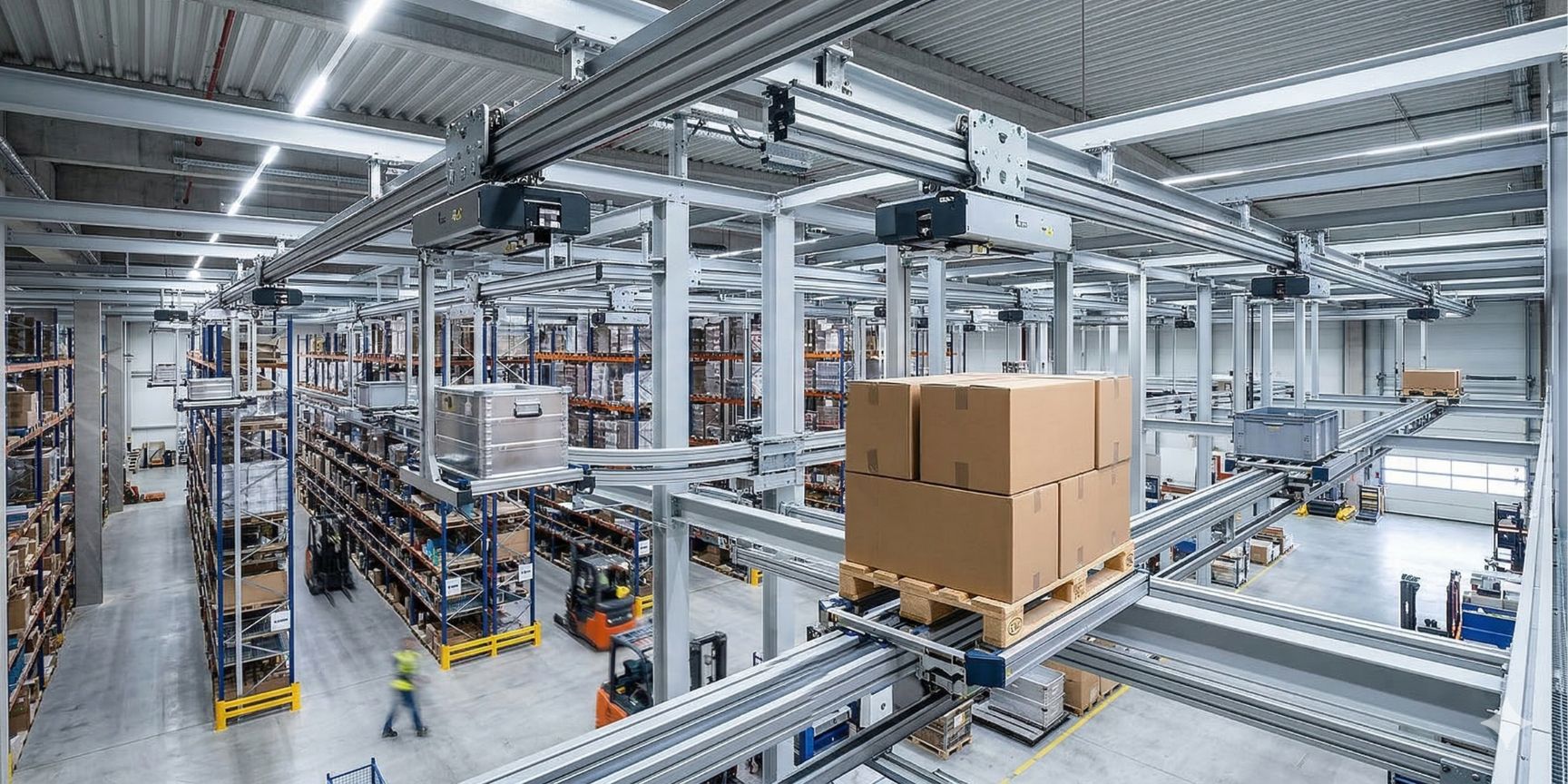 Eine Nahaufnahme eines modernen Elektrohängebahn-Systems, das eine Palette mit Waren über einen gut organisierten Lagerboden transportiert. Die Fahrzeuge hängen an Metallschienen, die an der Dachkonstruktion befestigt sind, Logistikzentrum, Intralogistik-Lösung, Hochregallagerhalle